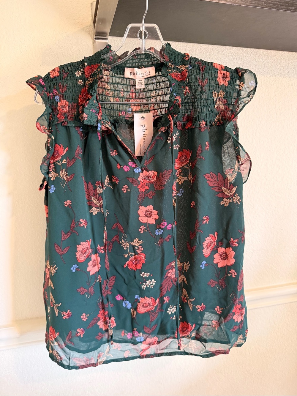 NWT Philosophy Dark Green Floral Smocked Ruffle Blouse